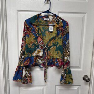 Willow & Root Paisley Print Collar Sheer Cardigan Tie Front Lg Ruffled Slv NWT